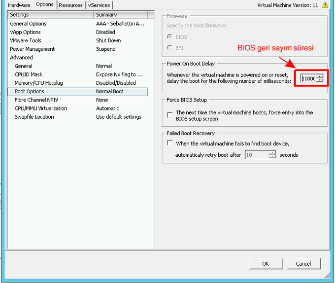 vmware bios geri sayım süresi