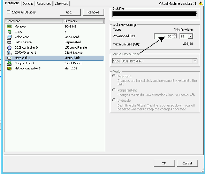 vmware disk boyutu belirleme